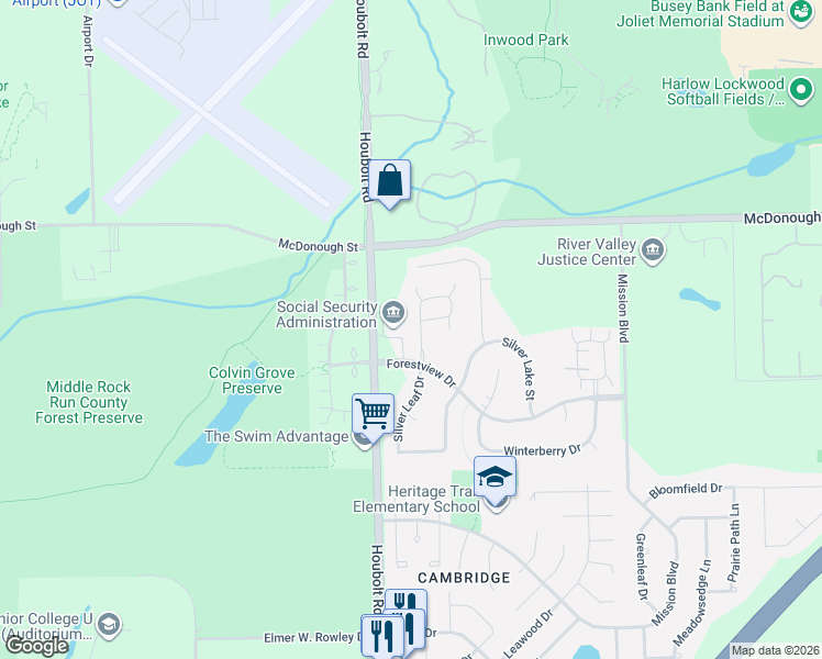 map of restaurants, bars, coffee shops, grocery stores, and more near in Joliet