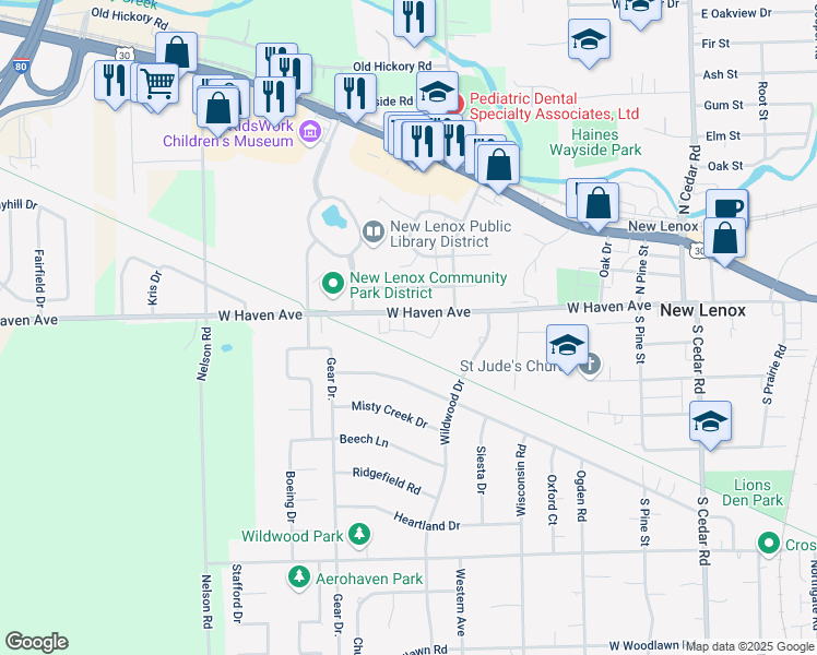 map of restaurants, bars, coffee shops, grocery stores, and more near 593 Prairie Crossing Drive in New Lenox