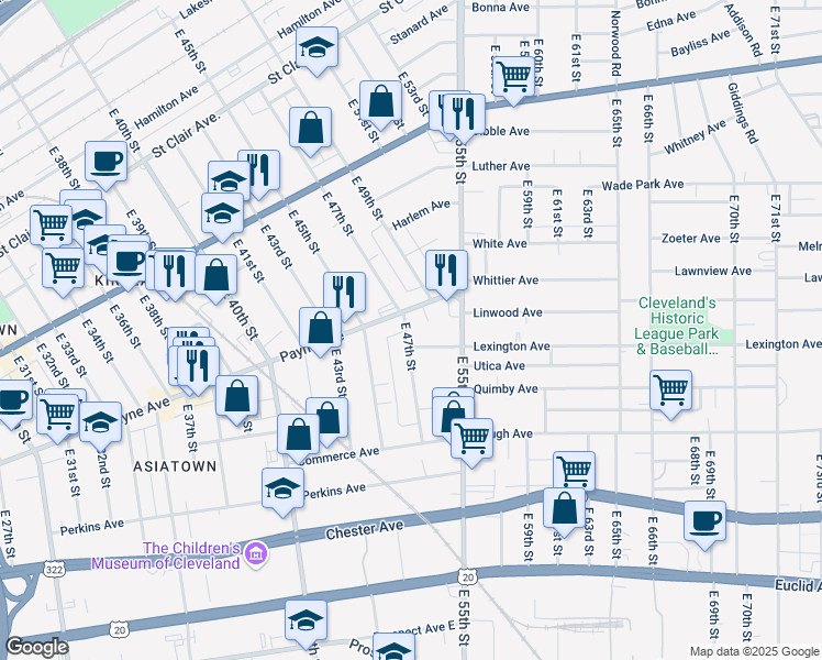 map of restaurants, bars, coffee shops, grocery stores, and more near 1736 East 47th Street in Cleveland