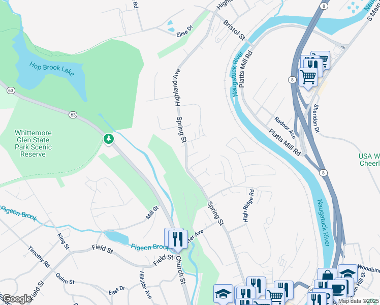 map of restaurants, bars, coffee shops, grocery stores, and more near 461 Spring Street in Naugatuck