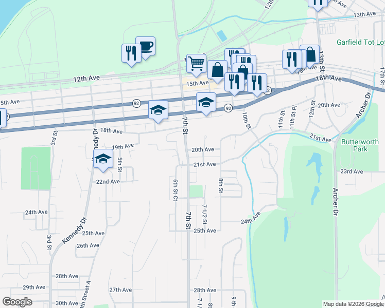 map of restaurants, bars, coffee shops, grocery stores, and more near 705 21st Avenue in East Moline