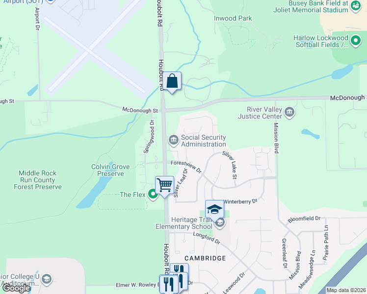 map of restaurants, bars, coffee shops, grocery stores, and more near 602 Silver Leaf Drive in Joliet
