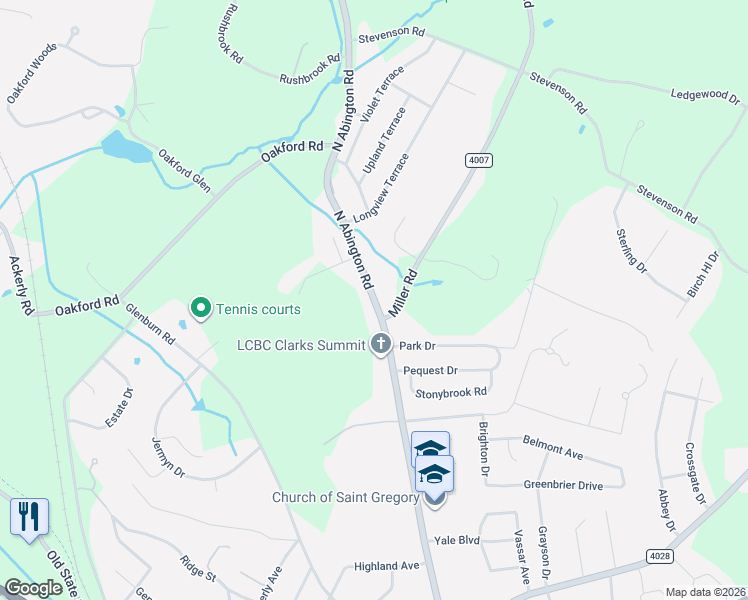 map of restaurants, bars, coffee shops, grocery stores, and more near 700 North Abington Road in Clarks Summit