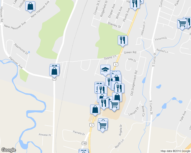 map of restaurants, bars, coffee shops, grocery stores, and more near 81 Colonial Heights in Meriden
