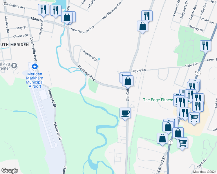 map of restaurants, bars, coffee shops, grocery stores, and more near 1403 Hanover Avenue in Meriden