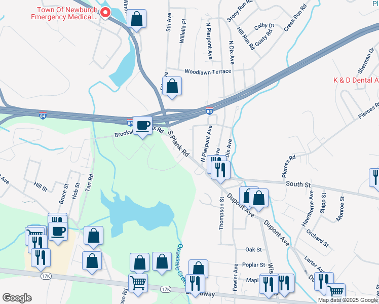 map of restaurants, bars, coffee shops, grocery stores, and more near 13 South Plank Road in Newburgh