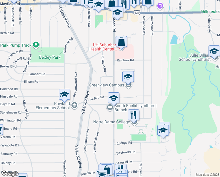 map of restaurants, bars, coffee shops, grocery stores, and more near 4427 Bayard Road in South Euclid
