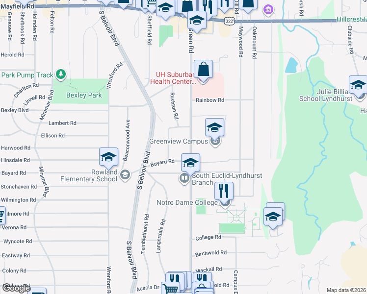 map of restaurants, bars, coffee shops, grocery stores, and more near 4427 Bayard Road in South Euclid