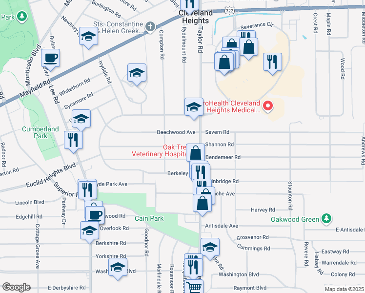 map of restaurants, bars, coffee shops, grocery stores, and more near 3405 Desota Avenue in Cleveland Heights