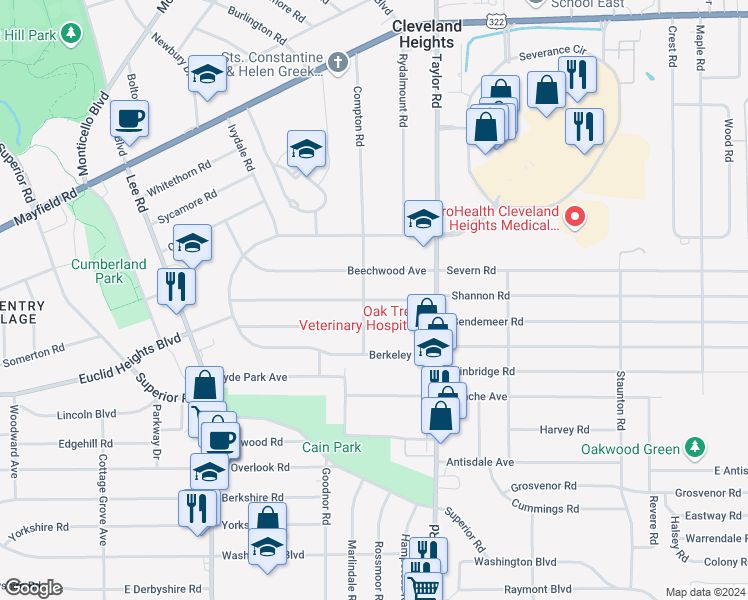 map of restaurants, bars, coffee shops, grocery stores, and more near 3405 Desota Avenue in Cleveland Heights