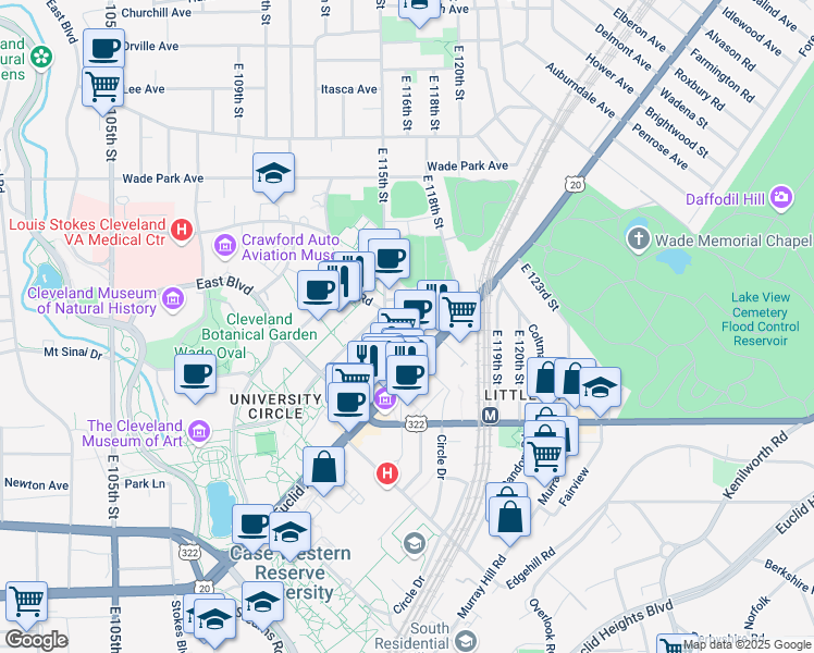 map of restaurants, bars, coffee shops, grocery stores, and more near 1716 East 115th Street in Cleveland