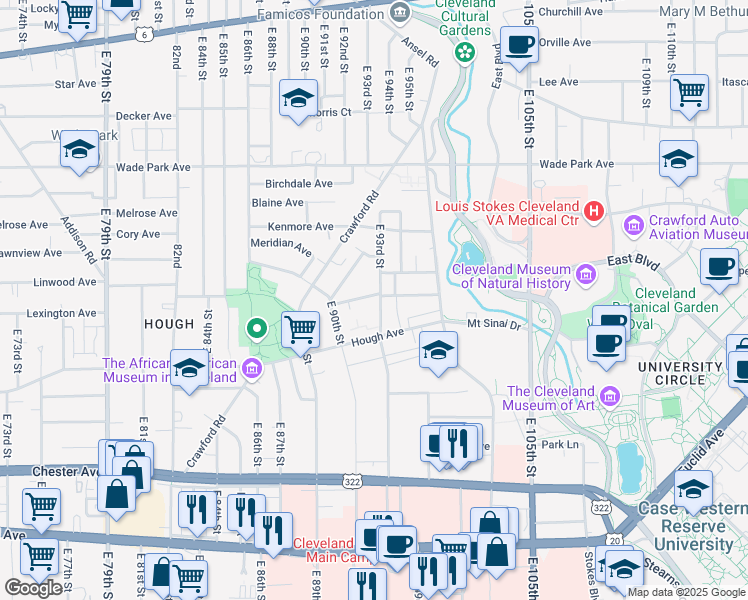 map of restaurants, bars, coffee shops, grocery stores, and more near 1674 East 93rd Street in Cleveland