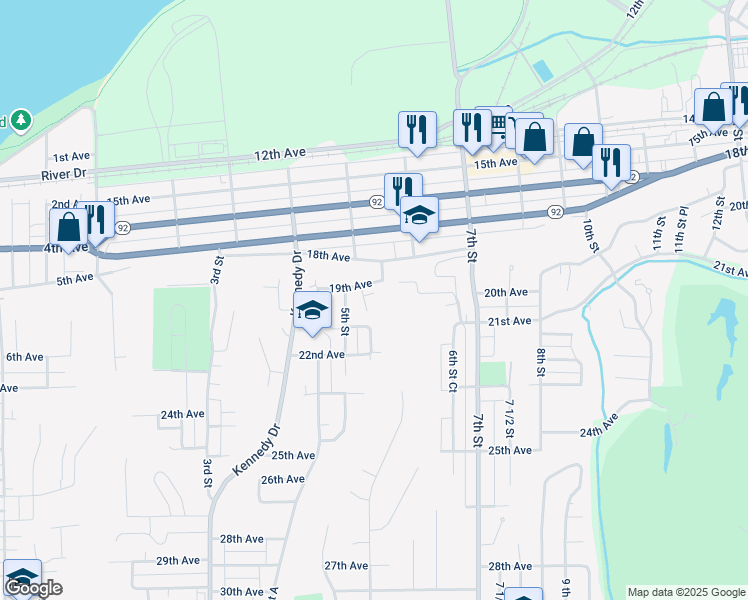 map of restaurants, bars, coffee shops, grocery stores, and more near 1948 6th Street Court in East Moline