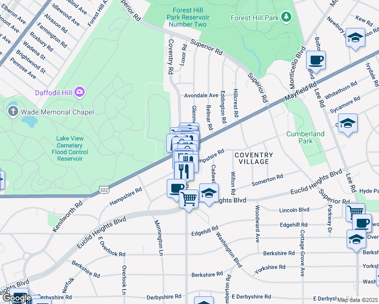 map of restaurants, bars, coffee shops, grocery stores, and more near 2831 Hampshire Road in Cleveland Heights