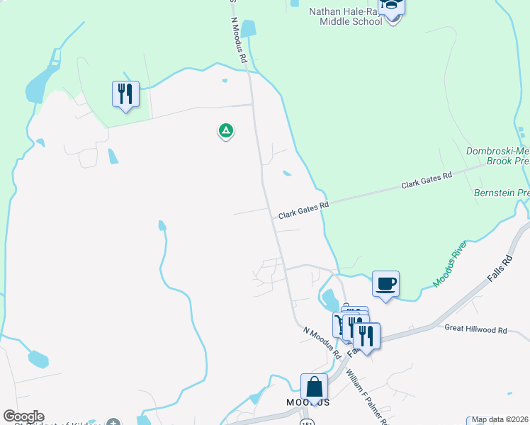 map of restaurants, bars, coffee shops, grocery stores, and more near 57 North Moodus Road in East Haddam