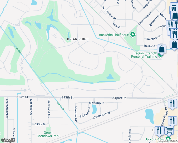map of restaurants, bars, coffee shops, grocery stores, and more near 1437 Wilderness Drive in Schererville