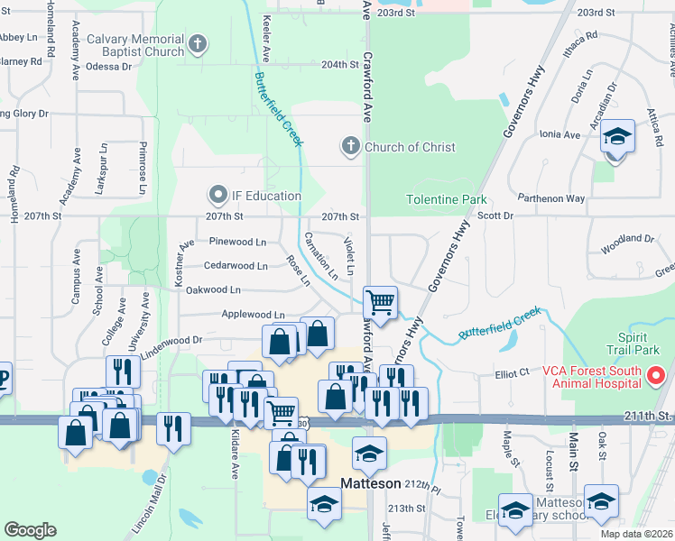 map of restaurants, bars, coffee shops, grocery stores, and more near 820 Carnation Lane in Matteson