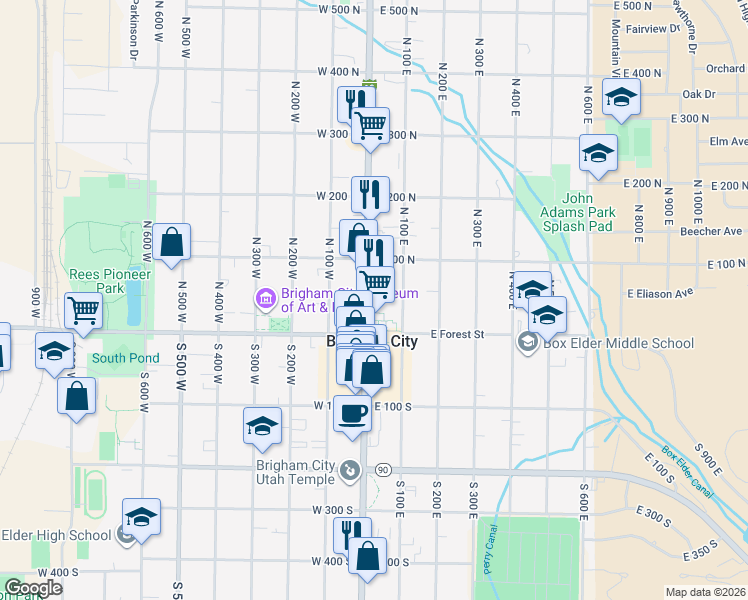 map of restaurants, bars, coffee shops, grocery stores, and more near 48 North Main Street in Brigham City