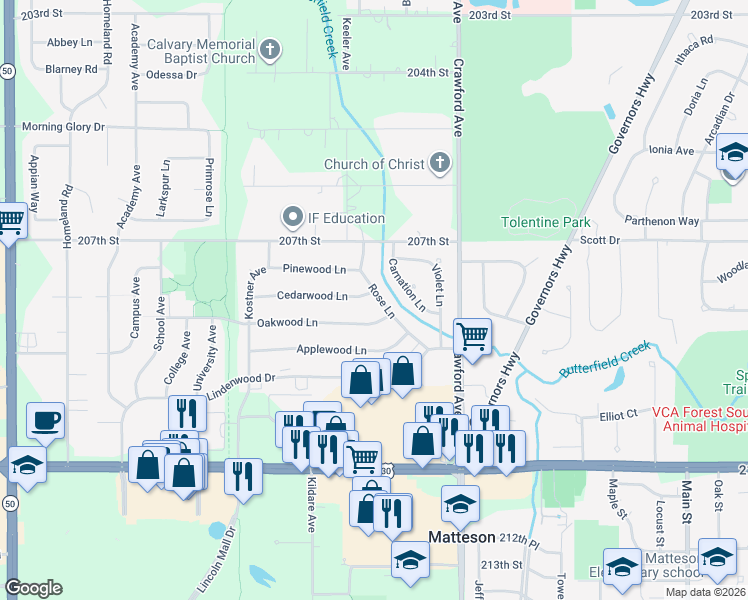 map of restaurants, bars, coffee shops, grocery stores, and more near 4130 Oakwood Lane in Matteson