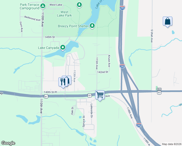 map of restaurants, bars, coffee shops, grocery stores, and more near 14136 115th Avenue in Davenport