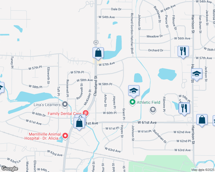 map of restaurants, bars, coffee shops, grocery stores, and more near 1851 West 58th Place in Merrillville