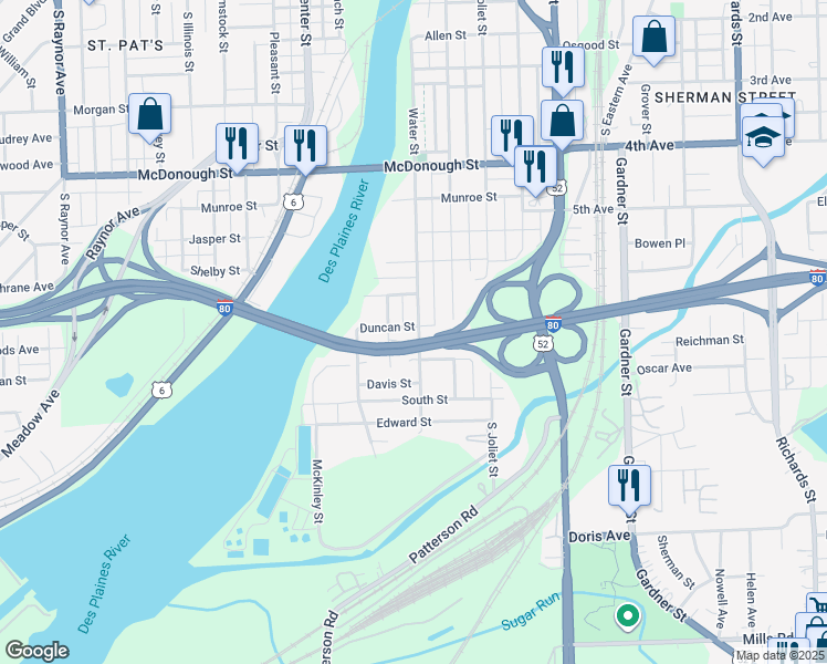 map of restaurants, bars, coffee shops, grocery stores, and more near 200 Duncan Street in Joliet