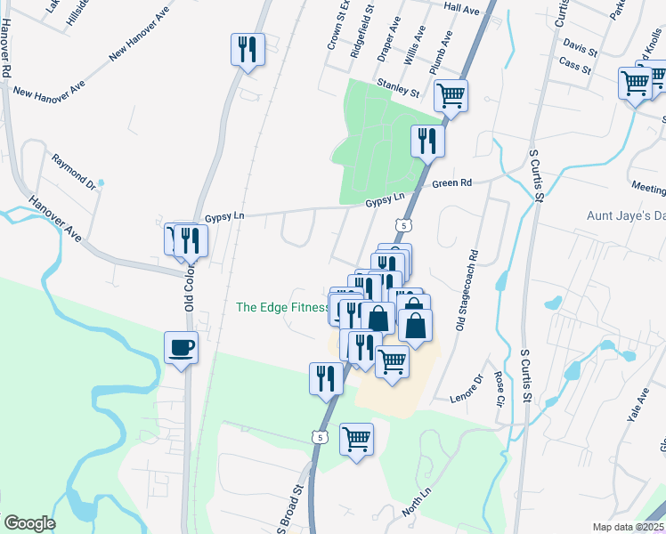 map of restaurants, bars, coffee shops, grocery stores, and more near 81 Colonial Heights in Meriden