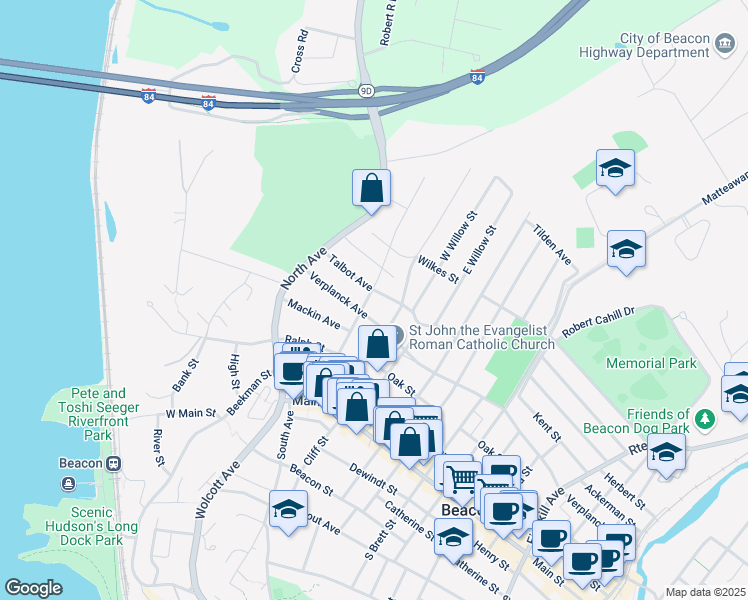 map of restaurants, bars, coffee shops, grocery stores, and more near 18 Dutchess Terrace in Beacon