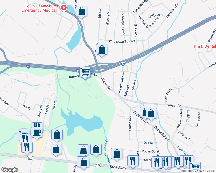 map of restaurants, bars, coffee shops, grocery stores, and more near 13 South Plank Road in Newburgh