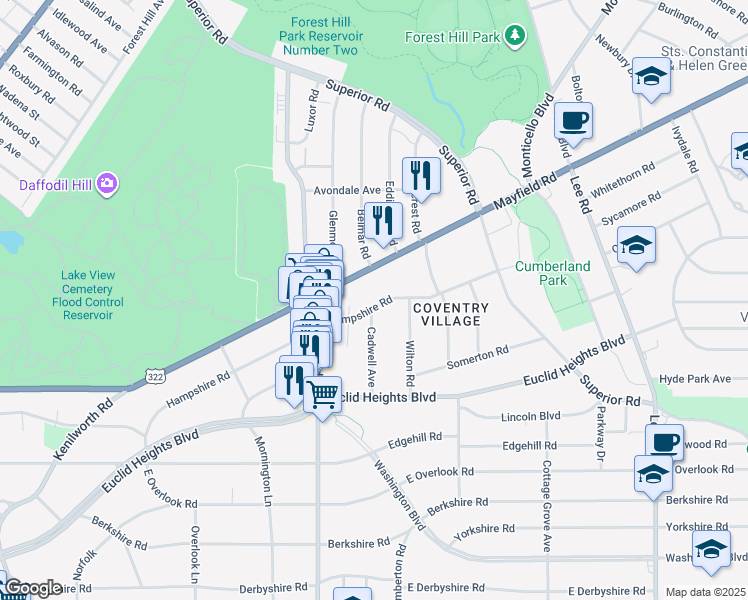map of restaurants, bars, coffee shops, grocery stores, and more near 1783 Cadwell Avenue in Cleveland Heights