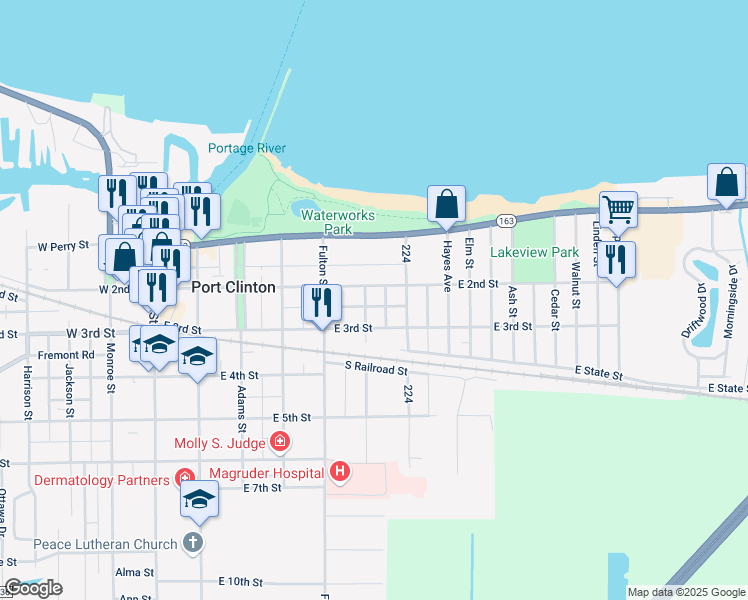 map of restaurants, bars, coffee shops, grocery stores, and more near 601 East 3rd Street in Port Clinton