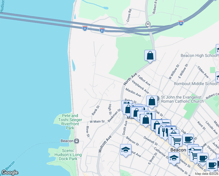 map of restaurants, bars, coffee shops, grocery stores, and more near 8 Colonial Road in Beacon