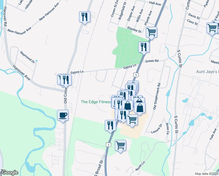 map of restaurants, bars, coffee shops, grocery stores, and more near 81 Colonial Heights in Meriden