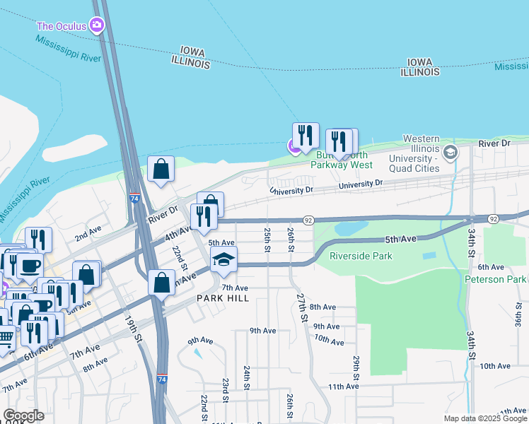 map of restaurants, bars, coffee shops, grocery stores, and more near 397 25th Street in Moline