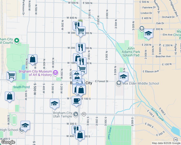 map of restaurants, bars, coffee shops, grocery stores, and more near 48 North 100 East in Brigham City