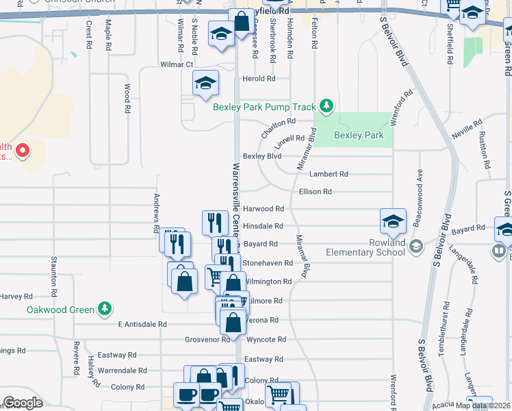 map of restaurants, bars, coffee shops, grocery stores, and more near 4022 Hinsdale Road in South Euclid