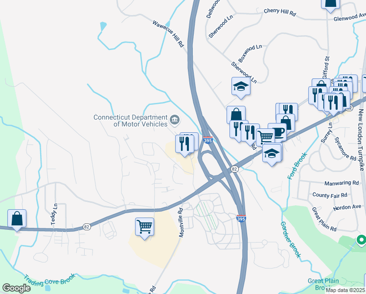 map of restaurants, bars, coffee shops, grocery stores, and more near 120 Laura Boulevard in Norwich