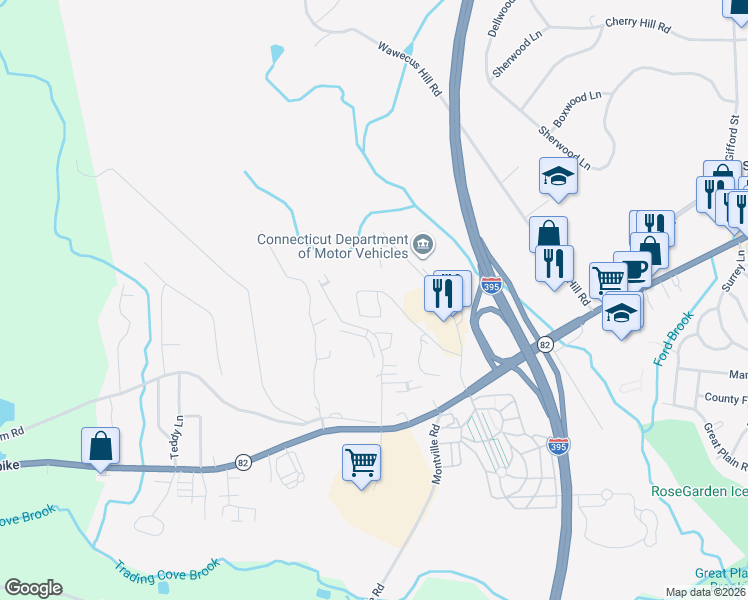 map of restaurants, bars, coffee shops, grocery stores, and more near 117 Briar Lane in Norwich