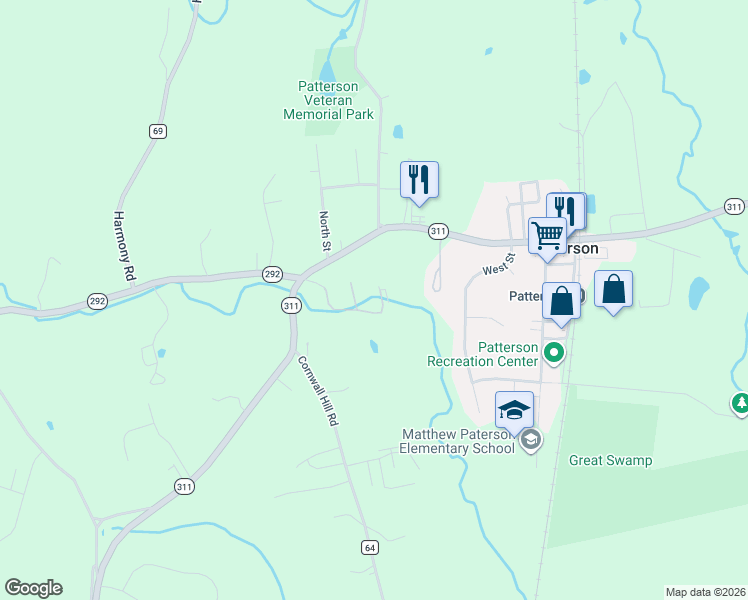 map of restaurants, bars, coffee shops, grocery stores, and more near 68-100 Patterson Village Court in Patterson
