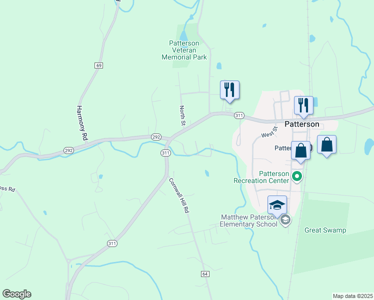 map of restaurants, bars, coffee shops, grocery stores, and more near 81 Patterson Village Court in Patterson