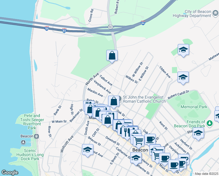 map of restaurants, bars, coffee shops, grocery stores, and more near 18 Dutchess Terrace in Beacon