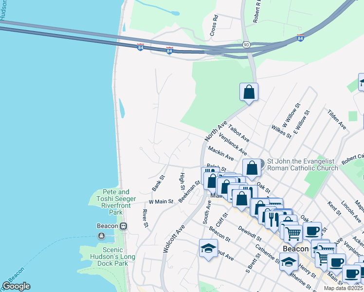 map of restaurants, bars, coffee shops, grocery stores, and more near 8 Colonial Road in Beacon