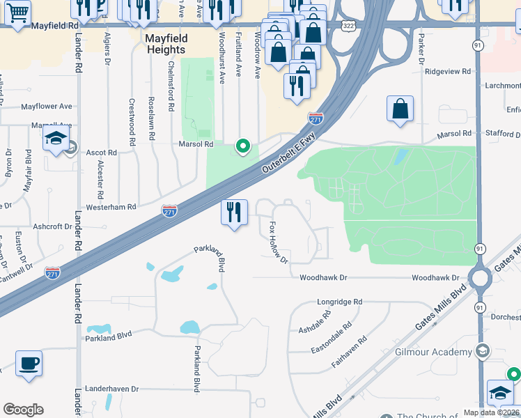 map of restaurants, bars, coffee shops, grocery stores, and more near 228 Teal Trace Drive in Mayfield Heights