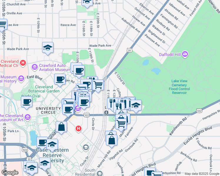 map of restaurants, bars, coffee shops, grocery stores, and more near 1895 East 119th Street in Cleveland