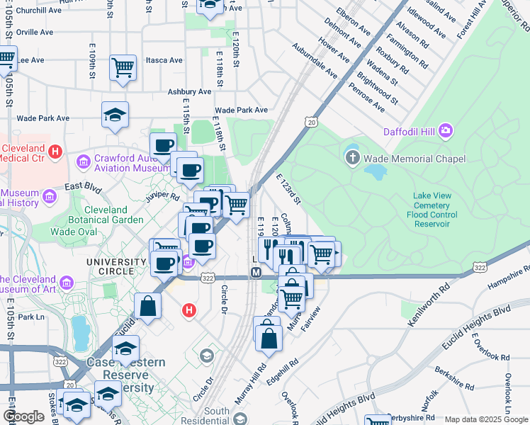 map of restaurants, bars, coffee shops, grocery stores, and more near 1895 East 119th Street in Cleveland