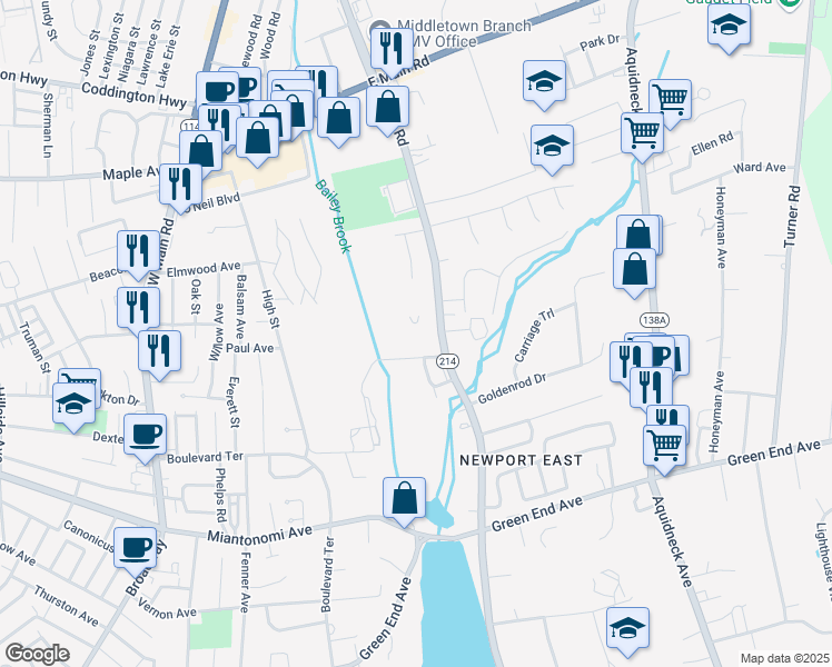 map of restaurants, bars, coffee shops, grocery stores, and more near 303 Valley Road in Middletown