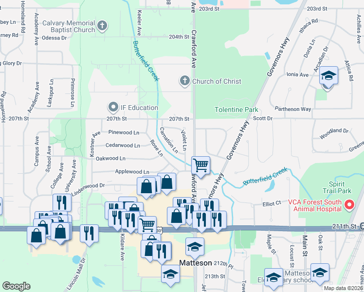 map of restaurants, bars, coffee shops, grocery stores, and more near 820 Carnation Lane in Matteson