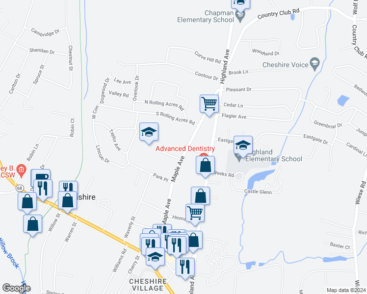 map of restaurants, bars, coffee shops, grocery stores, and more near 501 Maple Avenue in Cheshire