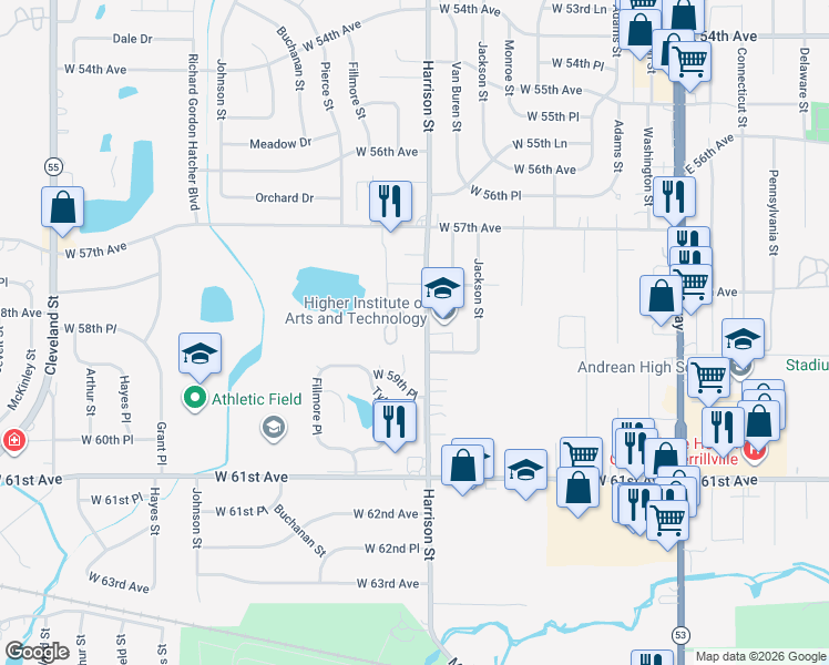 map of restaurants, bars, coffee shops, grocery stores, and more near 824 West 59th Place in Merrillville