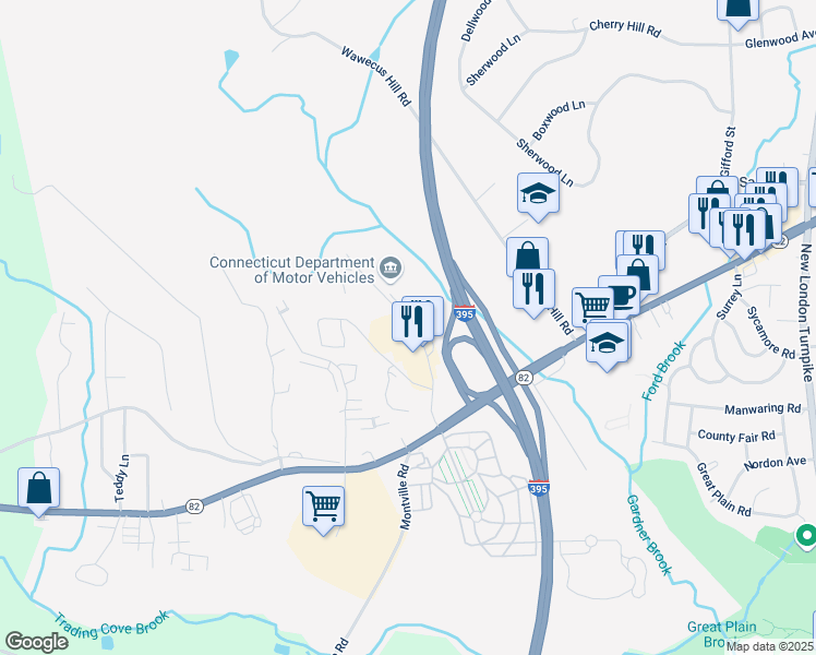map of restaurants, bars, coffee shops, grocery stores, and more near 120 Laura Boulevard in Norwich